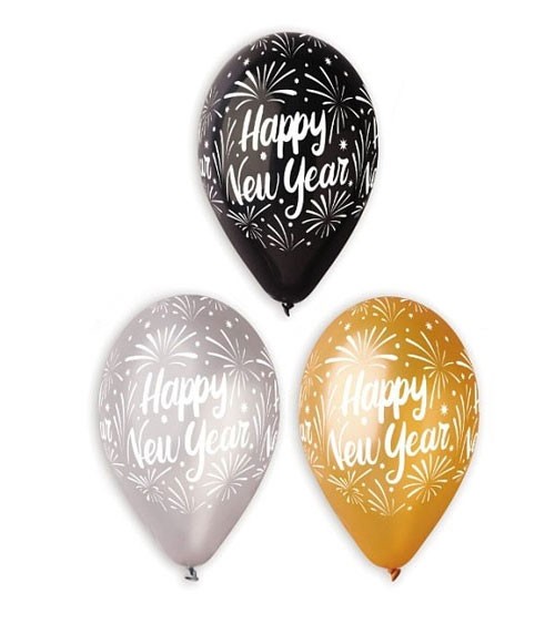 Luftballon-Set "Happy New Year" - schwarz, gold, silber - 6-teilig