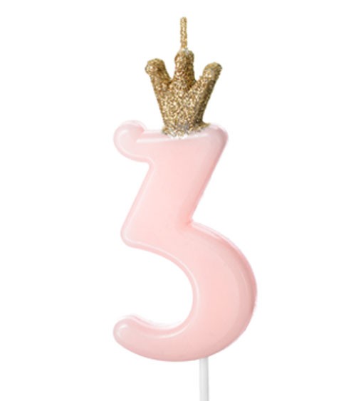 Geburtstagskerze mit Krone "3" - rosa - 9,5 cm
