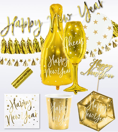 Silvester-Deko-Set "Happy New Year" - weiß & gold - 45-teilig
