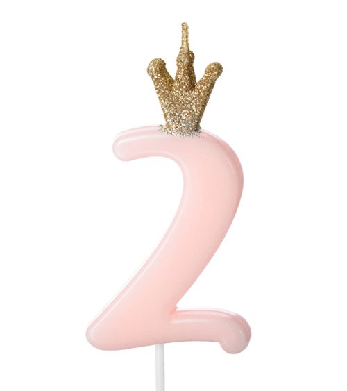 Geburtstagskerze mit Krone "2" - rosa - 9,5 cm
