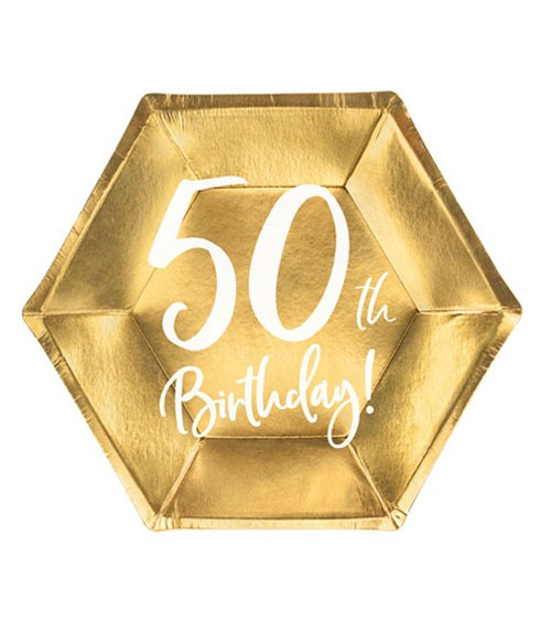 Sechseckige Pappteller "50th Birthday" - gold & weiß - 6 Stück