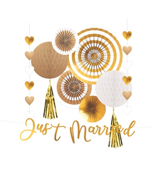 Deko-Set "Just Married" - Kraftpapier, Weiß & Gold - 9-teilig