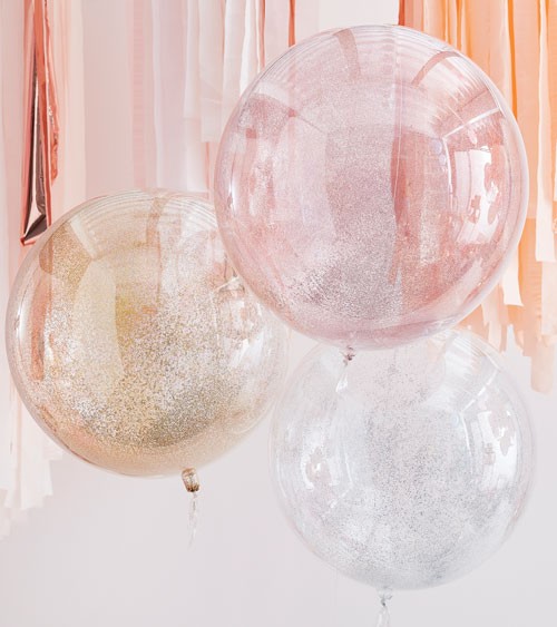Transparente Glitter-Kugelballons - rosegold, gold, silber - 3-teilig