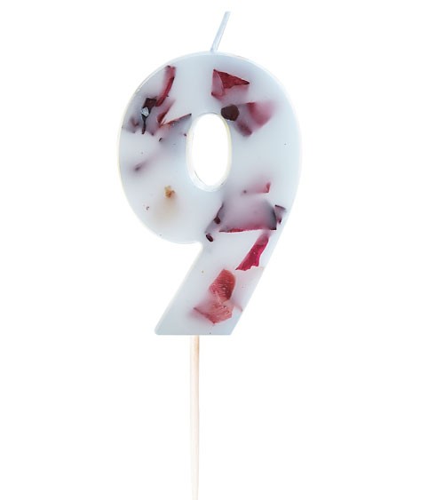 pink-dots.de | Kuchenkerze "9" gepressten Blüten