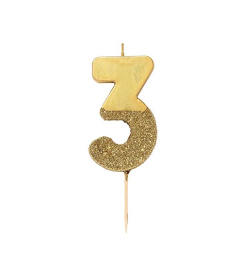 Zahlenkerze "3" - mit Goldglitter - gold