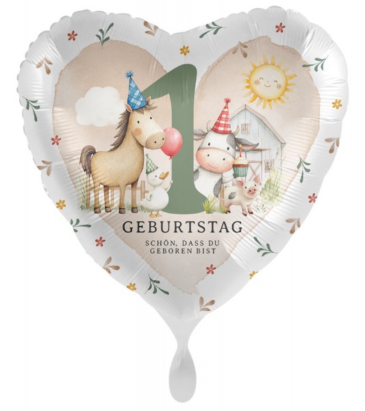 Herz-Folienballon "Bauernhofparty" - 1. Geburtstag