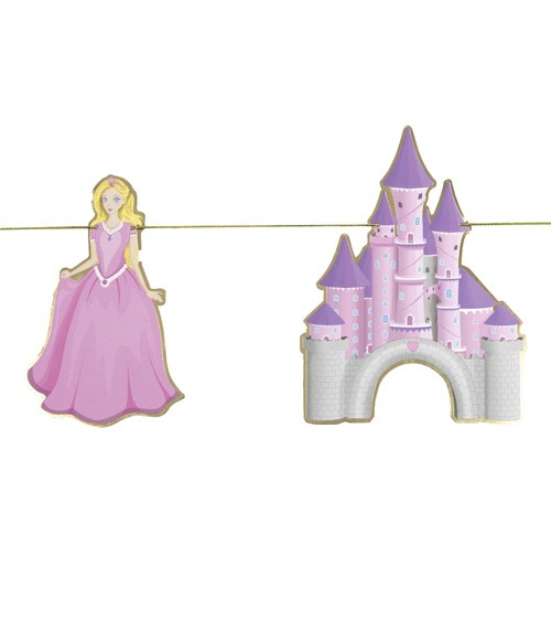Motivgirlande mit märchenhaften Motiven wie Prinzessin und Schloss in Rosa und Lila, für die zauberhafte Kindergeburtstagsparty. Aus Papier. Länge: 3 m.