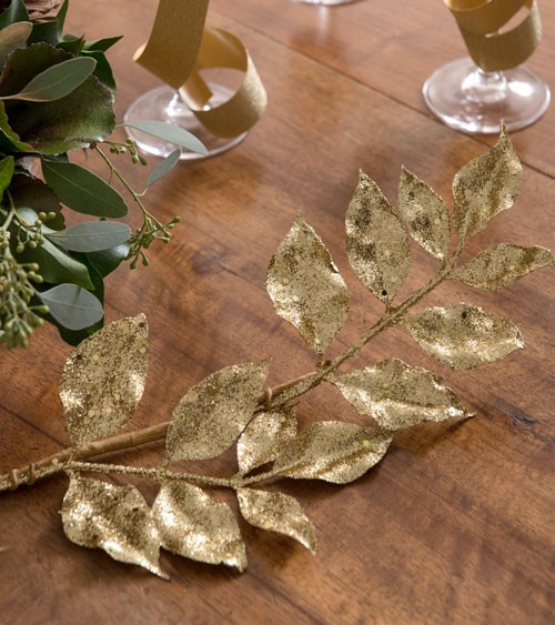 Künstlicher Blätterzweig mit Glitter - gold - 13 x 80 cm