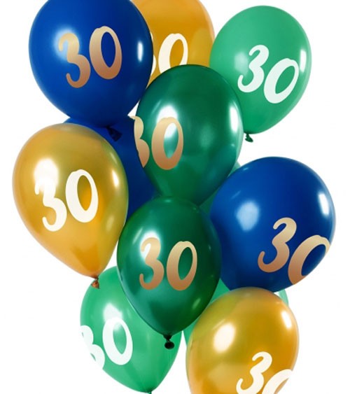 Metallic-Luftballon-Set "30" - Grün, Blau, Gold - 12-teilig
