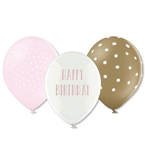 Luftballon-Set "Happy Birthday" - transparent, rosa, braun - 12-teilig