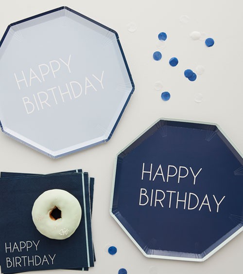 Achteckige Pappteller "Happy Birthday" - Farbmix Blau - 8 Stück