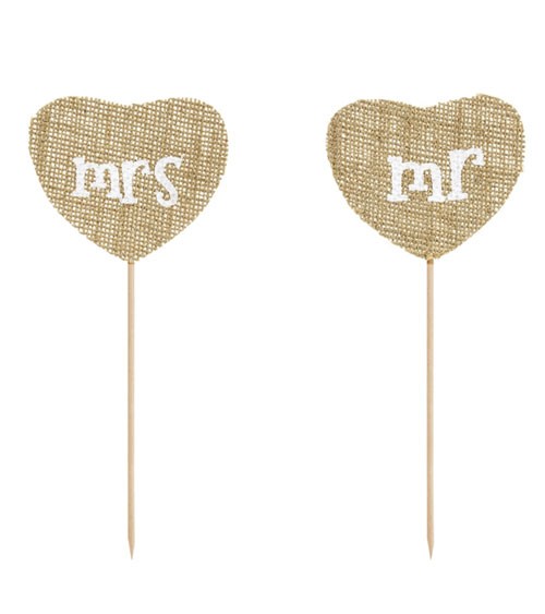 Cake-Topper-Herzen aus Jute "Mr & Mrs" - 2-teilig