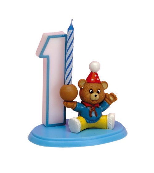 Kuchen-Deko-Set "1. Geburtstag mit Teddybär" mit Kerze