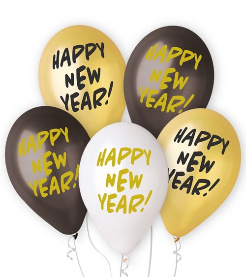 Luftballon-Set "Happy New Year" - schwarz, gold, weiß - 5-teilig