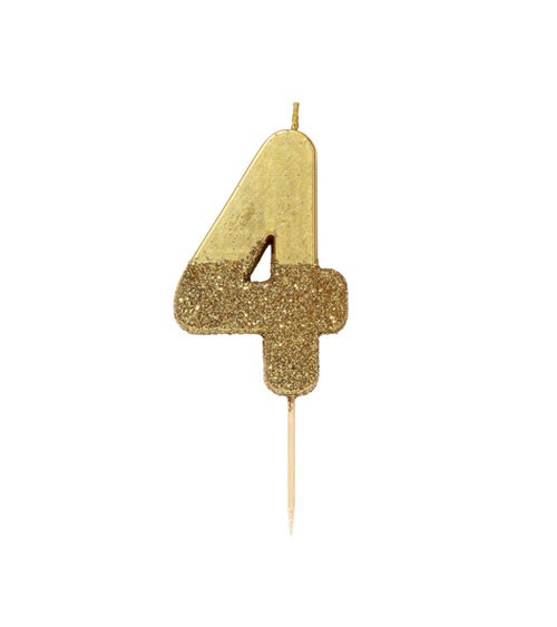 Zahlenkerze "4" - mit Goldglitter - gold