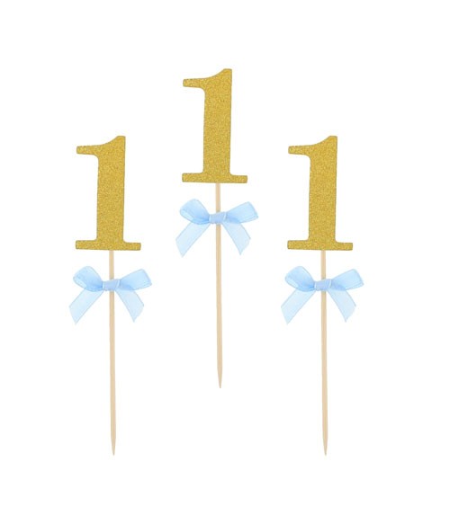 Cake-Picks mit blauer Schleife "1" - glitter gold - 10 Stück