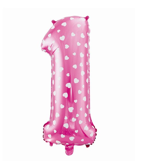 Folienballon Zahl "1" - pink mit Herzen - 61 cm