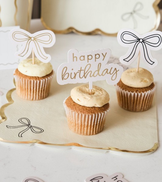 Cake-Picks mit Schleife "Happy Birthday" - gold & schwarz - 12-teilig