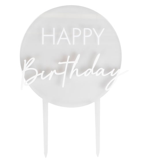 Cake Topper aus Acryl "Happy Birthday" - transparent & weiß