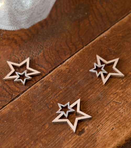 Streudeko aus Holz mit Glitter "Sterne" - silber - 12 Stück