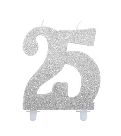 Kuchenkerze mit Glitter "25" - silber - 10 cm