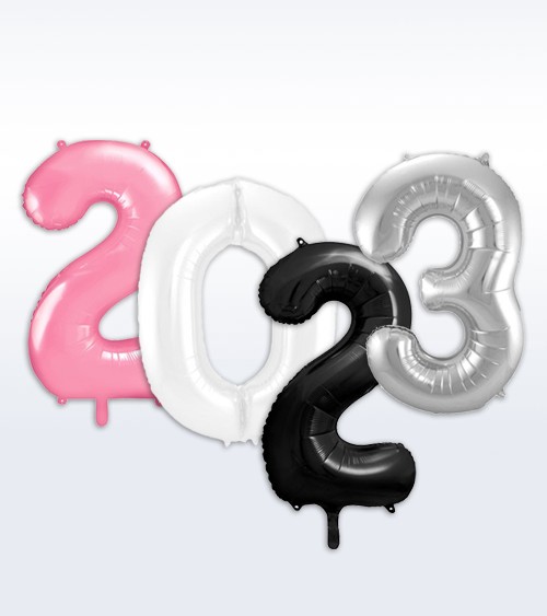 Folienballon-Set "2023" - rosa, weiß, schwarz, silber - 86 cm