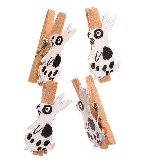 Holzklammern mit Hase - weiß & schwarz - 4,8 cm - 4 Stück