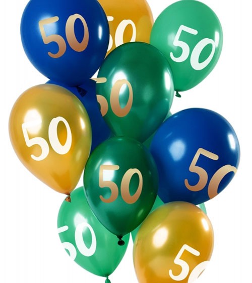 Metallic-Luftballon-Set "50" - Grün, Blau, Gold - 12-teilig
