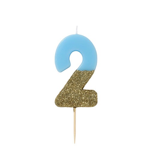 Zahlenkerze "2" - mit Goldglitter - blau