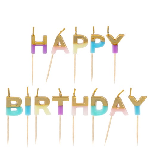 Happy Birthday-Kerzen mit Gold - pastell