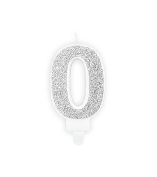 Zahlenkerze mit Glitter "0" - silber - 7 cm