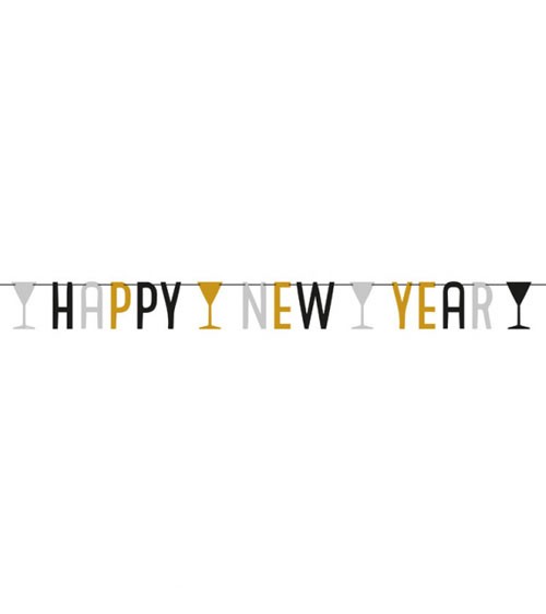 "Happy New Year"-Girlande - gold/silber/schwarz - 1,65 m