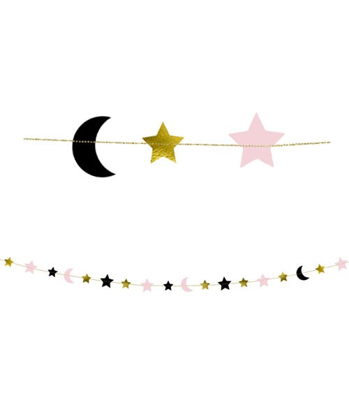 Motivgirlande "Mond und Sterne" - rosa/gold/schwarz - 1,9 m