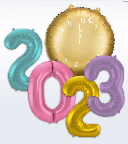 Silvester-Folienballon-Set "2023" - gold, rosa, violett, mint - 86 cm