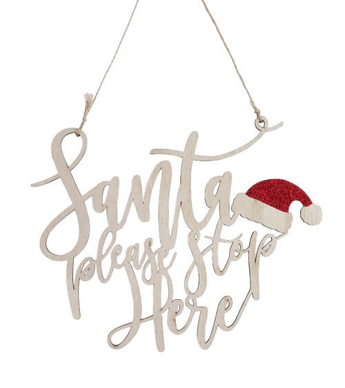 Türschild aus Holz "Santa Please Stop Here" - 25 x 20 cm