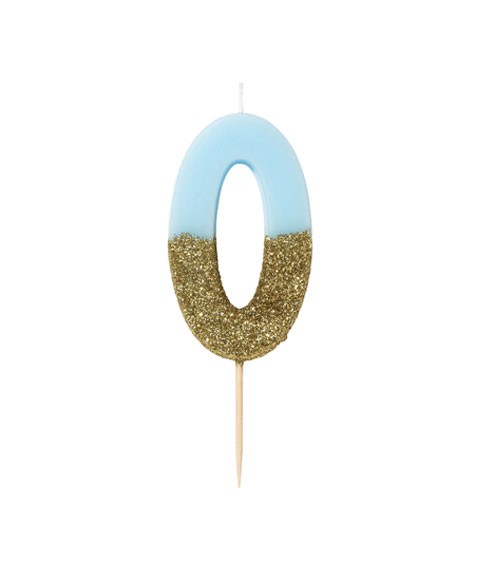 Zahlenkerze "0" - mit Goldglitter - blau