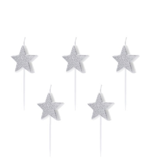Kuchenkerzen "Sterne" - glitter silber - 5 Stück