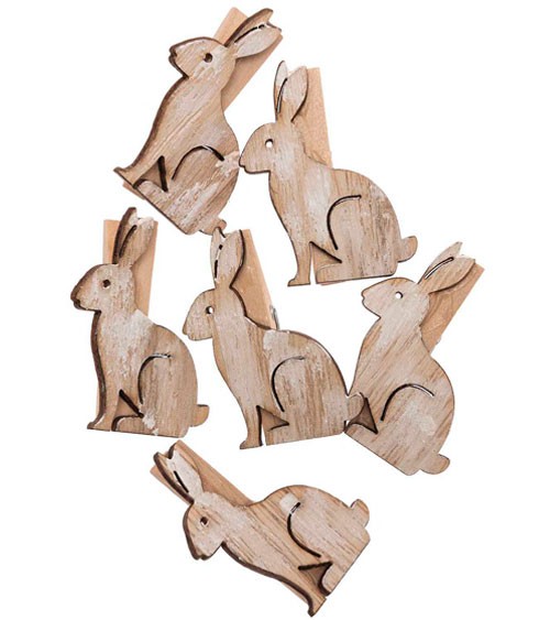 Holzklammern mit Hase - weiß & braun - 4,8 cm - 6 Stück