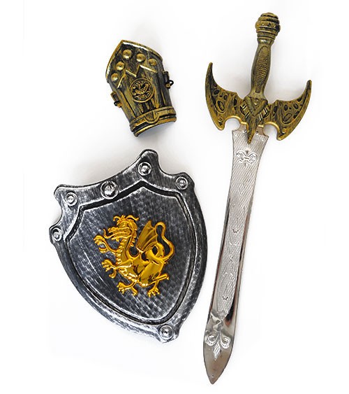Ritter-Schwert, Schild & Manschette aus Kunststoff - silber & gold