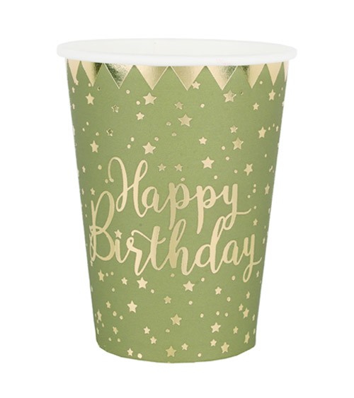 Pappbecher "Happy Birthday" - Olive & Gold - 10 Stück