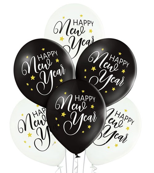 Luftballon-Set "Happy New Year" - schwarz & weiß - 6-teilig