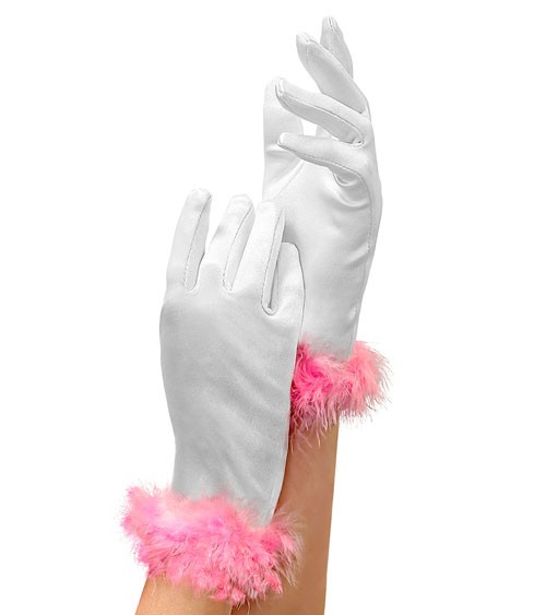 Kinder-Handschuhe aus Satin mit Marabu - weiß, rosa