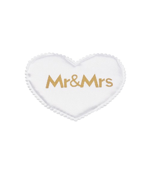 Satin-Herzen "Mr & Mrs" - weiß/gold - 6 cm - 6 Stück