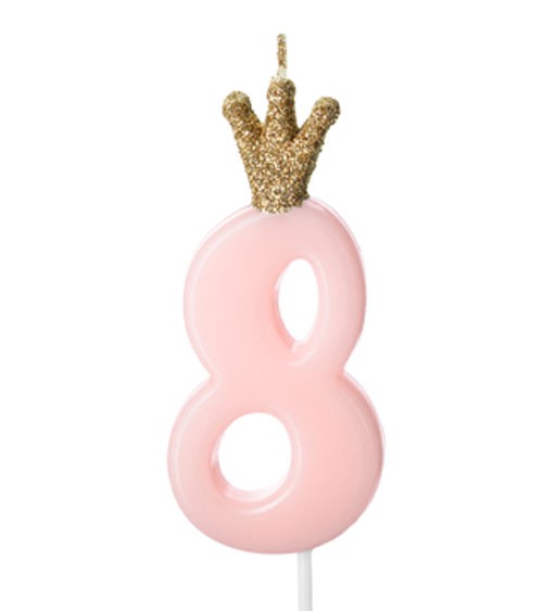 Geburtstagskerze mit Krone "8" - rosa - 9,5 cm