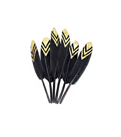 Schwarze Federn mit goldenem Glitzer - 12-14 cm - 6 Stück