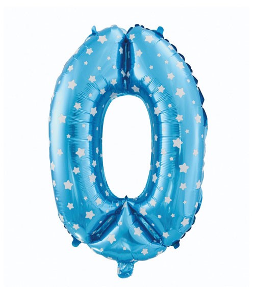 Folienballon Zahl "0" - blau mit Sternen - 61 cm