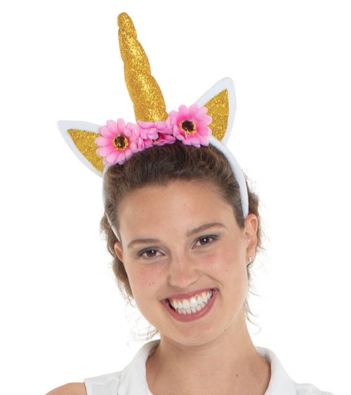 Einhorn-Haarreif mit goldenem Horn und Blüten