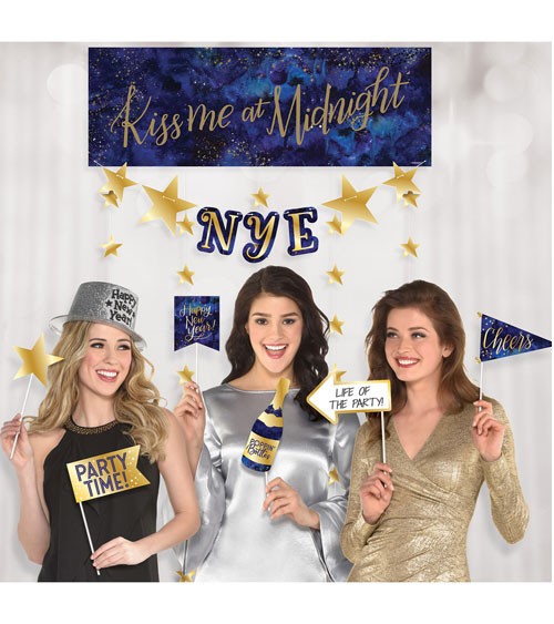Photobooth-Set mit Hintergrund "Midnight NYE" - 14-teilig