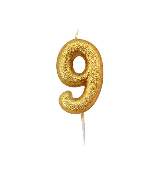 Geburtstagskerze mit Glitter "9" - gold
