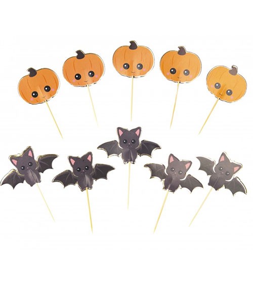 Niedliche Halloween Cupcake-Picks in Form einer kleinen, schwarzen Fledermaus und eines freundlichen Kürbisses. 
